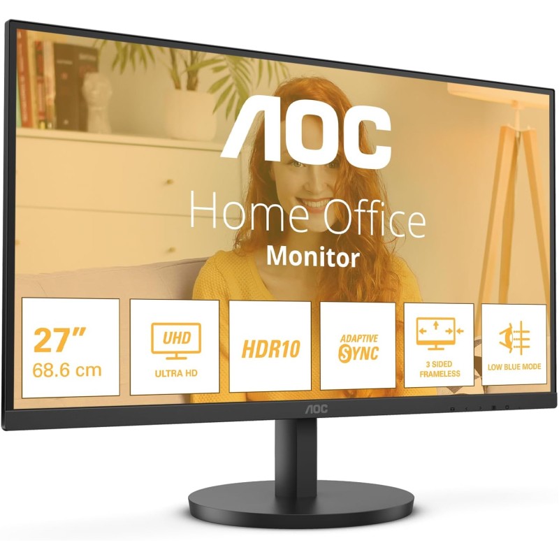 AOC U27B3M - Monitor UHD da 27 pollici, HDR10 3840x2160, 4K, 60 Hz, 2x HDMI, DisplayPort nero, 27 pollice 4K IPS 60Hz, USB-C, Altoparlanti - Regolazione altezza - 27" UHD
