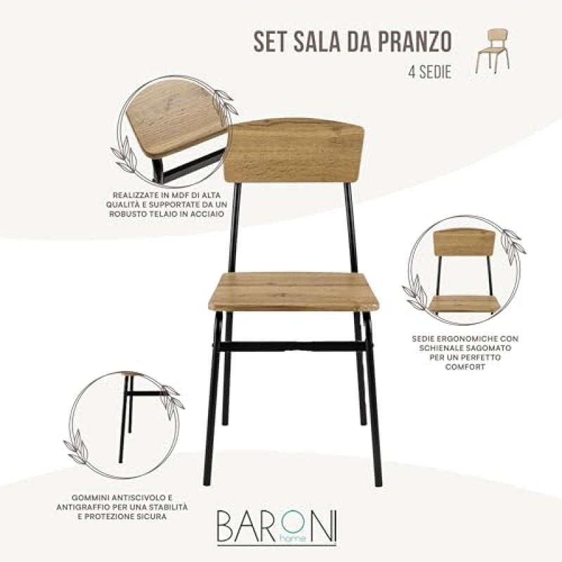 Baroni Home Set 4 Sedie da Pranzo, Design Moderno, Leggero, per Interni ed Esterni, Sala da Pranzo, Ristorante, In MDF e Acciaio, Montaggio Facile, Nero Effetto Rovere, 35x46x81 cm - Set 4 Sedie Nero Baroni Home Set 4 Sedie da Pranzo, Design Moderno, Leggero, per Interni ed Esterni, Sala da Pranzo, Ristorante, In MDF e Acciaio, Montaggio Facile, Nero Effetto Rovere, 35x46x81 cm - Set 4 Sedie Nero