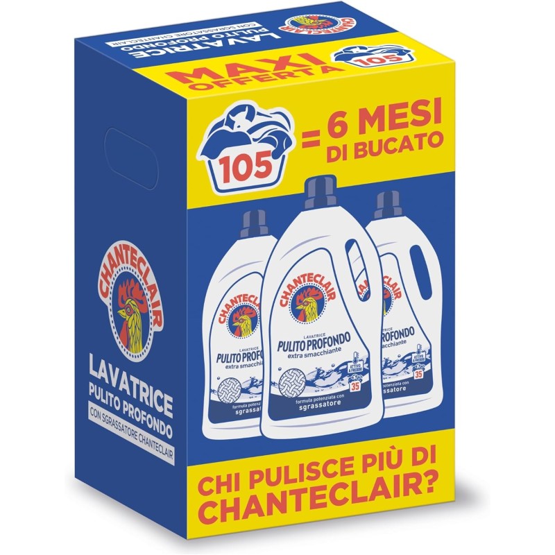 Chanteclair - Detersivo per Lavatrice Pulito Profondo, Rimuove le Macchie più Difficili, Bucato Pulito e Duraturo - 3 Flaconi da 1575 ml