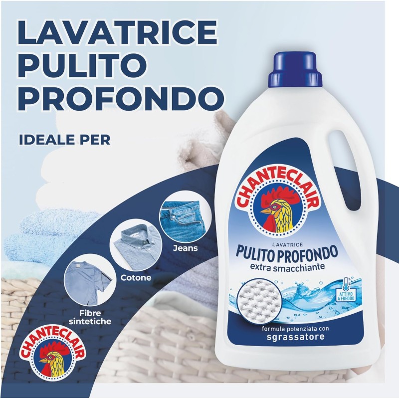 Chanteclair - Detersivo per Lavatrice Pulito Profondo, Rimuove le Macchie più Difficili, Bucato Pulito e Duraturo - 3 Flaconi da 1575 ml