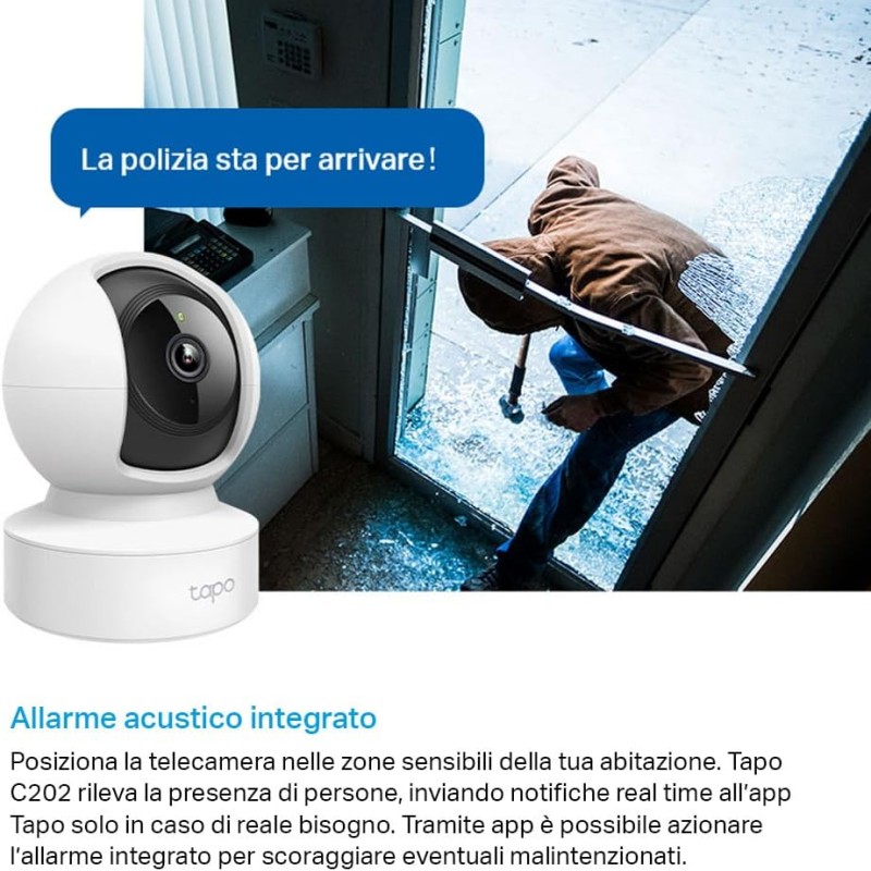 Tapo C202 Telecamera Wi-Fi Interno, Porta Ethernet, Videocamera Sorveglianza FHD, Visione Notturna, MicroSD fino a 512GB, Audio Bidirezionale, 360° Visuale, Alexa, Google, Allarme acustico e luminoso Tapo C202 Telecamera Wi-Fi Interno, Porta Ethernet, Videocamera Sorveglianza FHD, Visione Notturna, MicroSD fino a 512GB, Audio Bidirezionale, 360° Visuale, Alexa, Google, Allarme acustico e luminoso