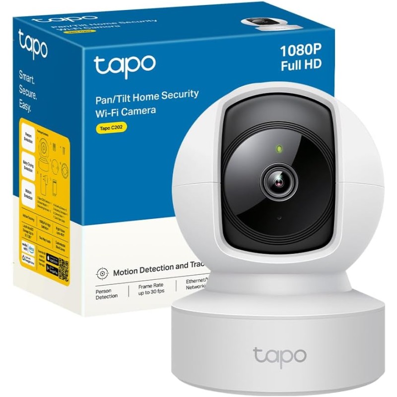 Tapo C202 Telecamera Wi-Fi Interno, Porta Ethernet, Videocamera Sorveglianza FHD, Visione Notturna, MicroSD fino a 512GB, Audio Bidirezionale, 360° Visuale, Alexa, Google, Allarme acustico e luminoso Tapo C202 Telecamera Wi-Fi Interno, Porta Ethernet, Videocamera Sorveglianza FHD, Visione Notturna, MicroSD fino a 512GB, Audio Bidirezionale, 360° Visuale, Alexa, Google, Allarme acustico e luminoso