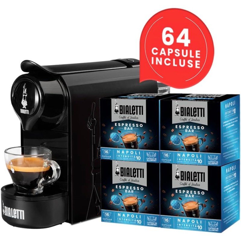 Bialetti Gioia, Macchina Caffè Espresso per Capsule in Alluminio, Incluse 64 Capsule, Fulziona Esclusivamente con Capsule, Nero - Nero