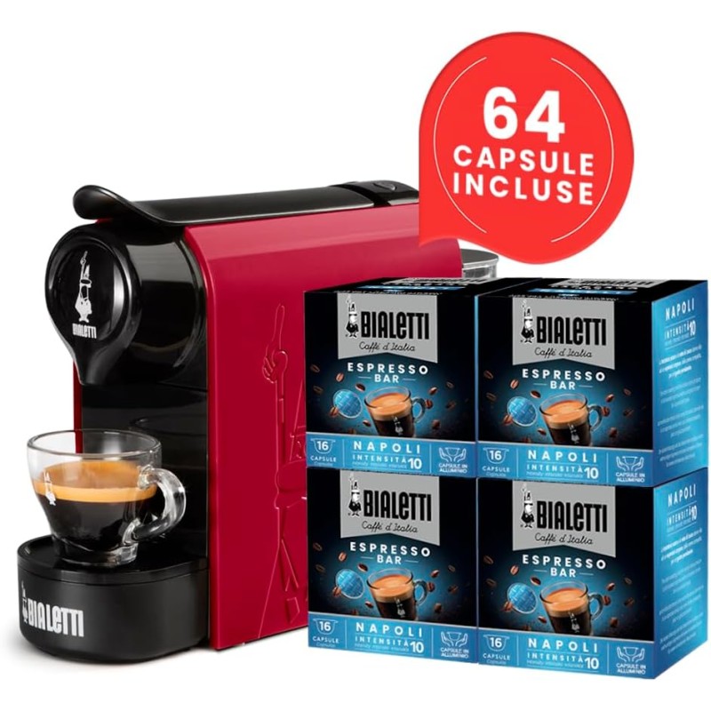 Bialetti Gioia, Macchina Caffè Espresso per Capsule in Alluminio, Incluse 64 Capsule, Funziona Esclusivamente con Capsule, Rosso - Rosso Bialetti Gioia, Macchina Caffè Espresso per Capsule in Alluminio, Incluse 64 Capsule, Funziona Esclusivamente con Capsule, Rosso - Rosso