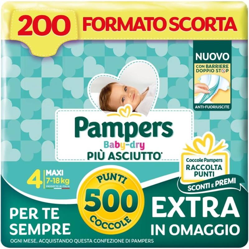 Pampers Baby Dry Maxi Size 4 (7-18kg) 200 Nappies + 500 Extra Pamper Points - Taglia 4 Pampers Baby Dry Maxi Size 4 (7-18kg) 200 Nappies + 500 Extra Pamper Points - Taglia 4