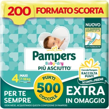 Pampers Baby Dry Maxi Size 4 (7-18kg) 200 Nappies + 500 Extra Pamper Points - Taglia 4