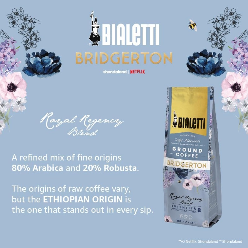 Bialetti Caffè Macinato Bridgerton, Latta + Sacchetto 250g, Gusto Royal Regency