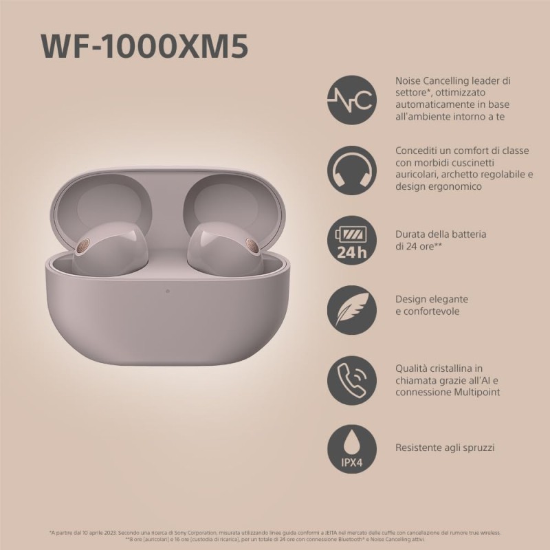 Sony WF-1000XM5 Cuffie Wireless con Noise Cancelling, Bluetooth, Cuffie in-ear con Microfono, 24 ore di durata della Batteria, Ricarica rapida, IPX4, Alexa e Google Assistant, iOS e Android -Rosa Fumé - Rosa fumè Sony WF-1000XM5 Cuffie Wireless con Noise Cancelling, Bluetooth, Cuffie in-ear con Microfono, 24 ore di durata della Batteria, Ricarica rapida, IPX4, Alexa e Google Assistant, iOS e Android -Rosa Fumé - Rosa fumè