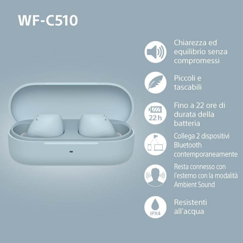 Sony WFC510 | Cuffie True Wireless - Piccole e leggere, Connessione Bluetooth Multipoint, Ambient Sound, Classificazione IPX4, Spotify Tap, Ricarica Rapida, Batteria da 22 ore, iOS e Android -Blu - Blu