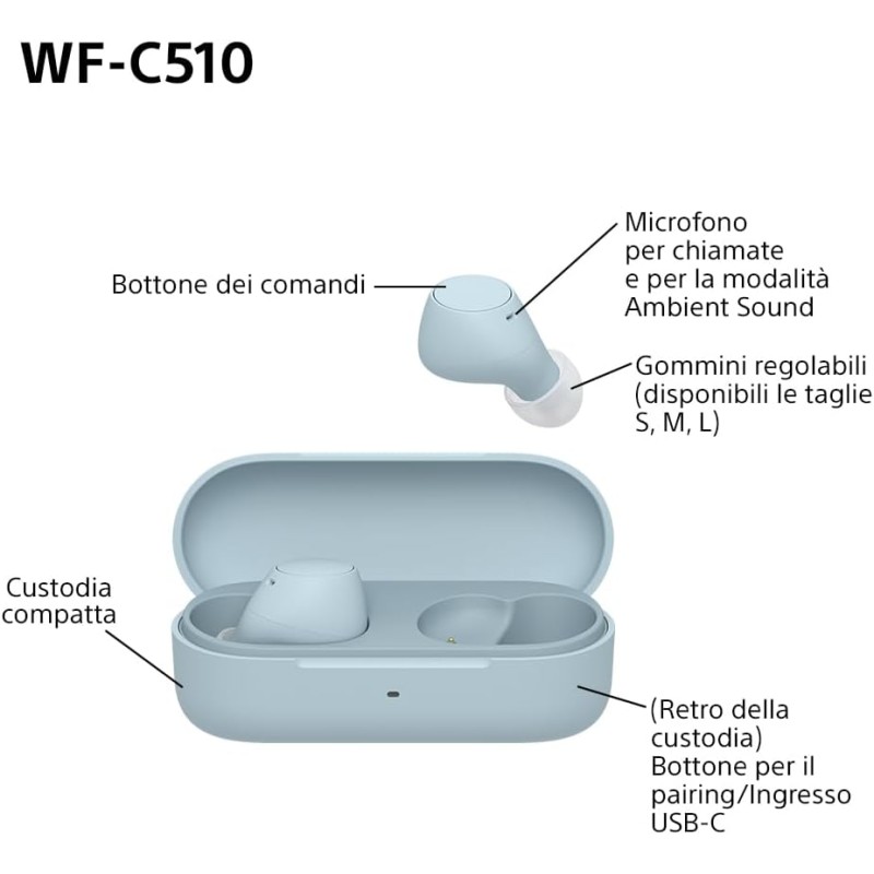 Sony WFC510 | Cuffie True Wireless - Piccole e leggere, Connessione Bluetooth Multipoint, Ambient Sound, Classificazione IPX4, Spotify Tap, Ricarica Rapida, Batteria da 22 ore, iOS e Android -Blu - Blu
