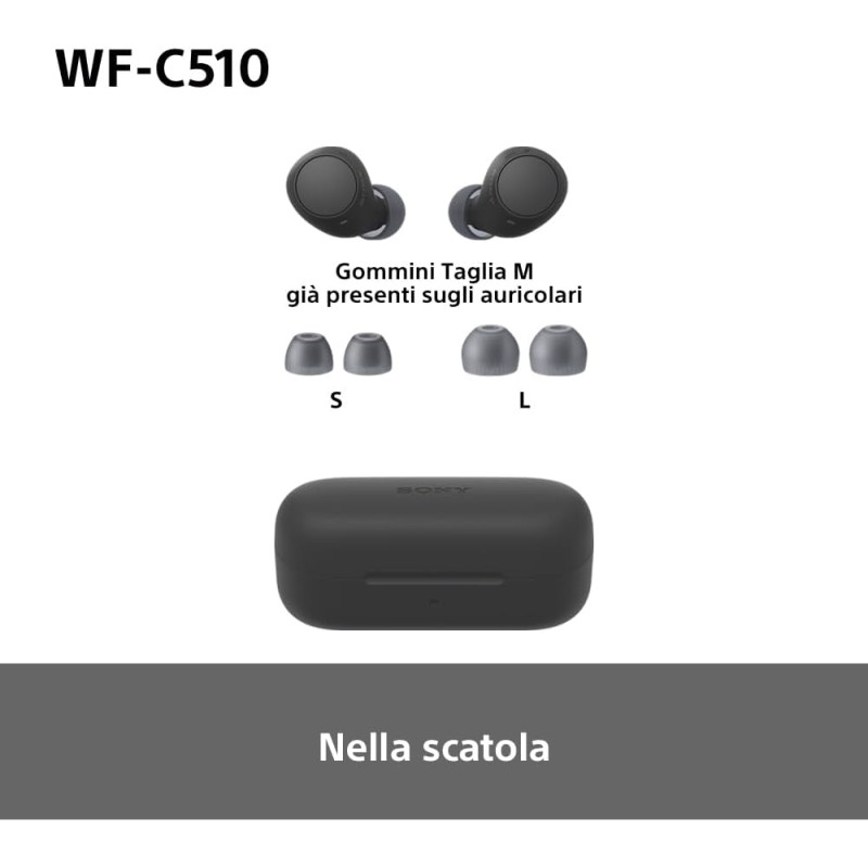 Sony WFC510 | Cuffie True Wireless - Piccole e leggere, Connessione Bluetooth Multipoint, Ambient Sound, Classificazione IPX4, Spotify Tap, Ricarica Rapida, Batteria da 22 ore, iOS e Android-Nero - Nero