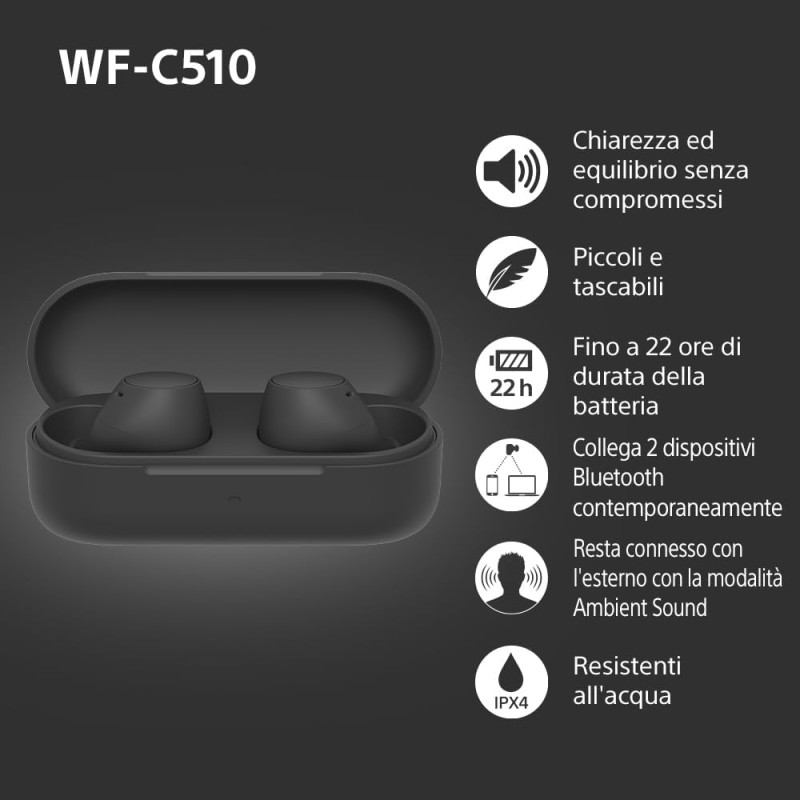 Sony WFC510 | Cuffie True Wireless - Piccole e leggere, Connessione Bluetooth Multipoint, Ambient Sound, Classificazione IPX4, Spotify Tap, Ricarica Rapida, Batteria da 22 ore, iOS e Android-Nero - Nero