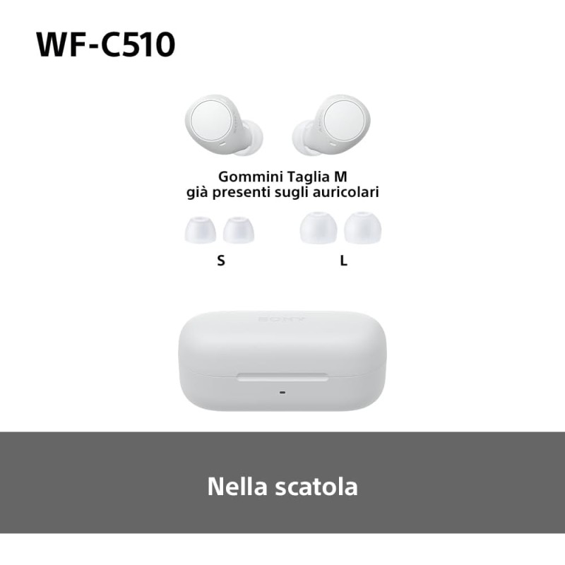 Sony WFC510 | Cuffie True Wireless - Piccole e leggere, Connessione Bluetooth Multipoint, Ambient Sound, Classificazione IPX4, Spotify Tap, Ricarica Rapida, Batteria da 22 ore, iOS e Android -Bianco - Bianco