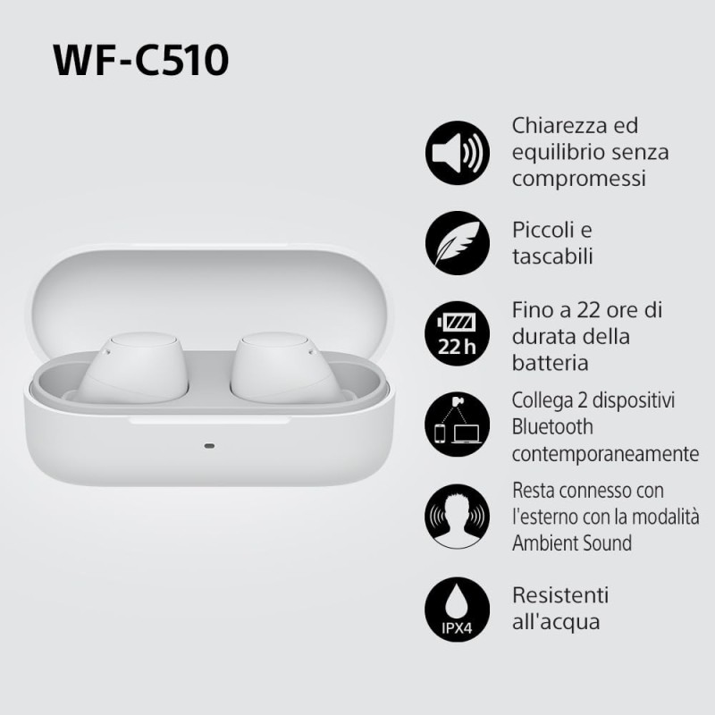 Sony WFC510 | Cuffie True Wireless - Piccole e leggere, Connessione Bluetooth Multipoint, Ambient Sound, Classificazione IPX4, Spotify Tap, Ricarica Rapida, Batteria da 22 ore, iOS e Android -Bianco - Bianco