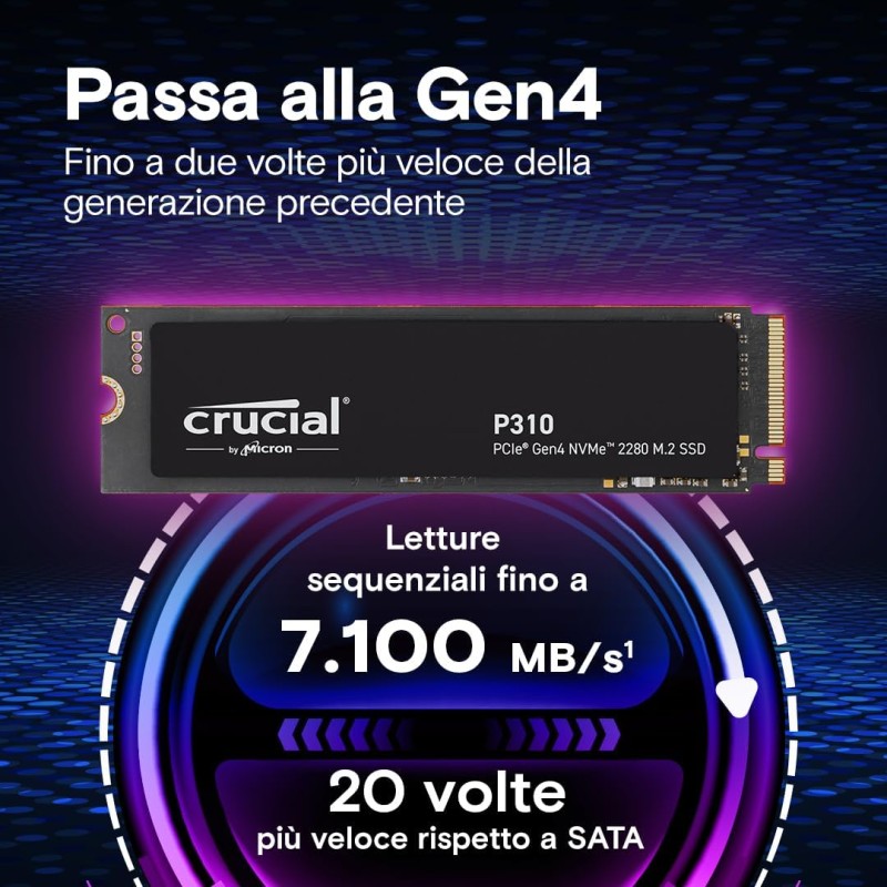 Crucial P310 SSD 1TB PCIe Gen4 NVMe M.2 2280, fino a 7.100 MB/s, Compatibile con Notebook e PC Desktop, Hard Disk Interno - CT1000P310SSD801 - 1TB Crucial P310 SSD 1TB PCIe Gen4 NVMe M.2 2280, fino a 7.100 MB/s, Compatibile con Notebook e PC Desktop, Hard Disk Interno - CT1000P310SSD801 - 1TB