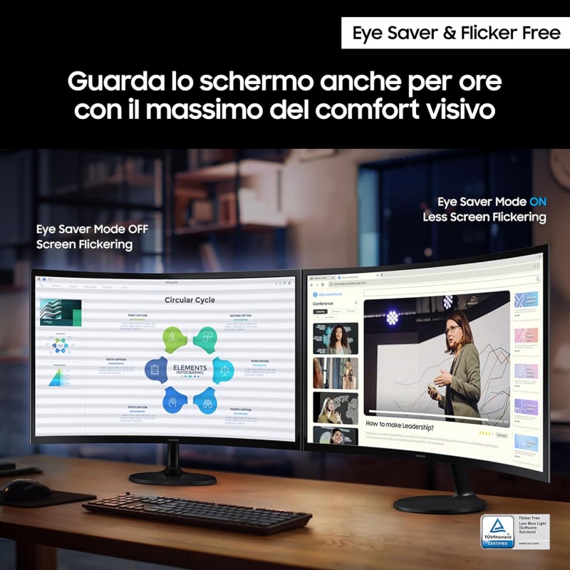 Samsung Monitor S36GD (S24D362), Curvo (1800R), 24'', 1920x1080 (Full HD), VA, 100Hz, 4ms (GtG), D-Sub, HDMI, Ingresso Audio, Eye Saver Mode, Flicker Free - 24''