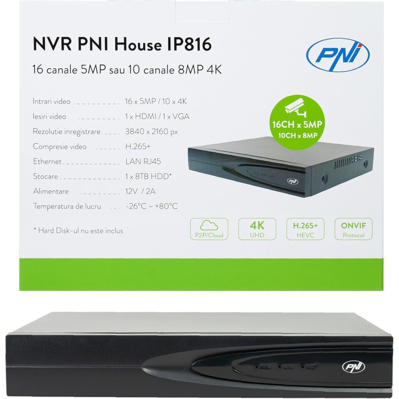 NVR PNI House IP816 con 16 Canali IP 5MP o 10 Canali 8MP 4K