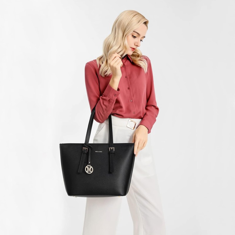 Miss Lulu Borsa Tote Donna Università Grande, Elegante Mano Bag Maniglia Regolabile, PU Pelle per Viaggi, Lavoro e Scuola - 1-1 Nero