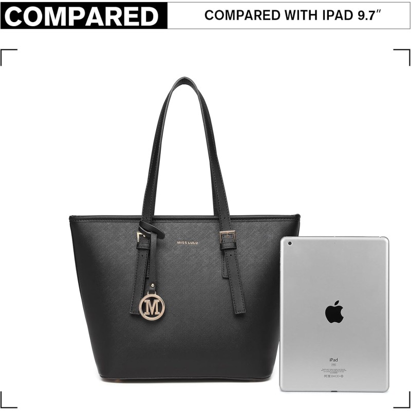 Miss Lulu Borsa Tote Donna Università Grande, Elegante Mano Bag Maniglia Regolabile, PU Pelle per Viaggi, Lavoro e Scuola - 1-1 Nero