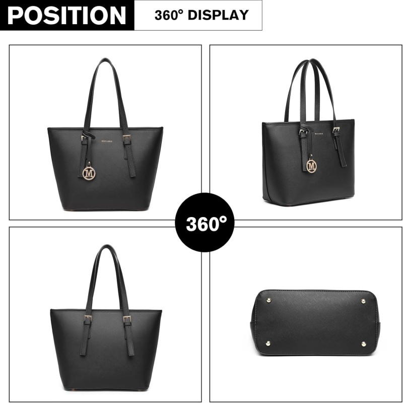 Miss Lulu Borsa Tote Donna Università Grande, Elegante Mano Bag Maniglia Regolabile, PU Pelle per Viaggi, Lavoro e Scuola - 1-1 Nero