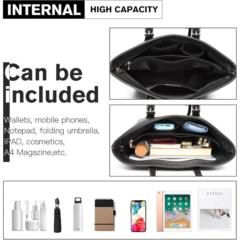 Miss Lulu Borsa Tote Donna Università Grande, Elegante Mano Bag Maniglia Regolabile, PU Pelle per Viaggi, Lavoro e Scuola - 1-1 Nero