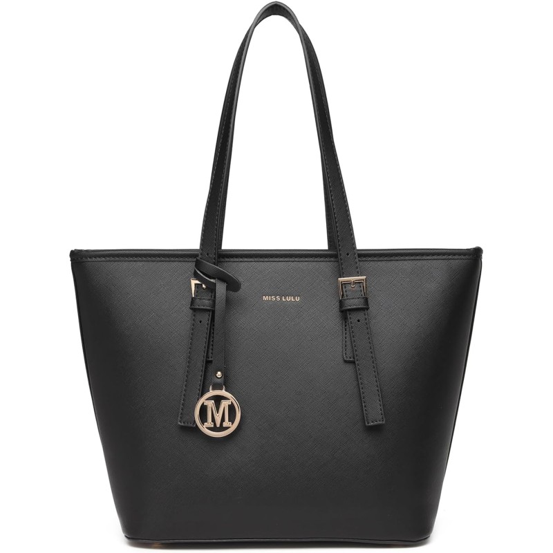 Miss Lulu Borsa Tote Donna Università Grande, Elegante Mano Bag Maniglia Regolabile, PU Pelle per Viaggi, Lavoro e Scuola - 1-1 Nero