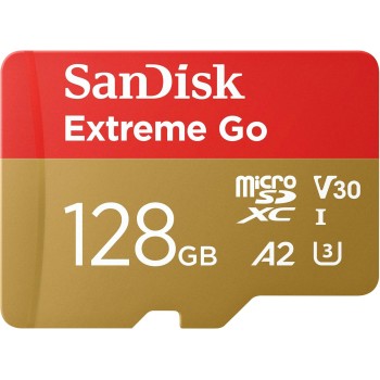 SanDisk 128GB Extreme Go scheda microSDXC + adattatore SD (per smartphones e Tablet Android, Action Cam, Drones, UHS-I, fino a 200 MB/s, 5K, 4K, UHD, V30, Rescue PRO Deluxe, Class 10, U3) per Amazon - 128GB