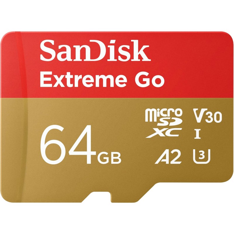 SanDisk 64GB Extreme Go scheda microSDXC + adattatore SD (per smartphones e Tablet Android, Action Cam, Drones, UHS-I, fino a 200 MB/s, 5K, 4K, UHD, V30, Rescue PRO Deluxe, Class 10, U3) per Amazon - 64GB