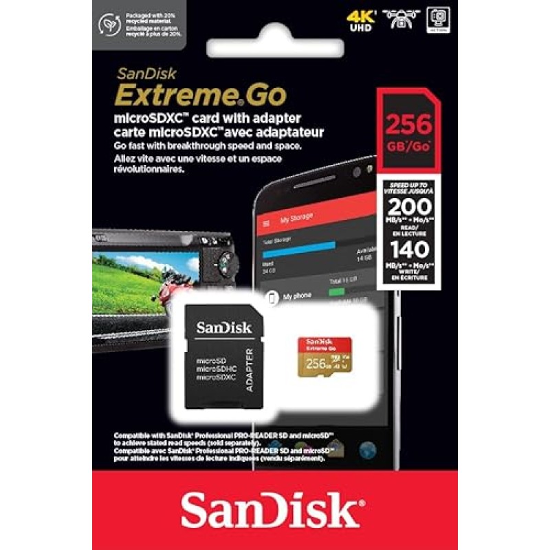 SanDisk 256GB Extreme Go scheda microSDXC + adattatore SD (per smartphones e Tablet Android, Action Cam, Drones, UHS-I, fino a 200 MB/s, 5K, 4K, UHD, V30, Rescue PRO Deluxe, Class 10, U3) per Amazon - 256GB