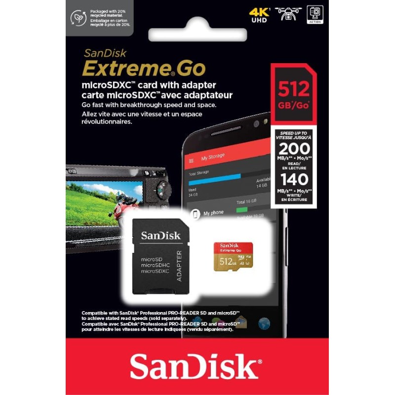 SanDisk 512GB Extreme Go scheda microSDXC + adattatore SD (per smartphones e Tablet Android, Action Cam, Drones, UHS-I, fino a 200 MB/s, 5K, 4K, UHD, V30, Rescue PRO Deluxe, Class 10, U3) per Amazon - 512GB SanDisk 512GB Extreme Go scheda microSDXC + adattatore SD (per smartphones e Tablet Android, Action Cam, Drones, UHS-I, fino a 200 MB/s, 5K, 4K, UHD, V30, Rescue PRO Deluxe, Class 10, U3) per Amazon - 512GB