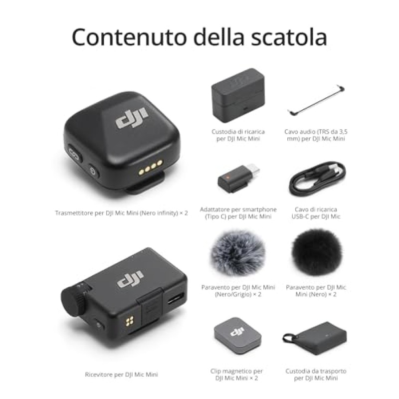 DJI Mic Mini (2 TX + 1 RX + Custodia di ricarica), microfono wireless, leggero, audio di alta qualità, 48 ore di utilizzo, cancellazione rumore, microfono senza fili per fotocamere/iPhone/Android,vlog