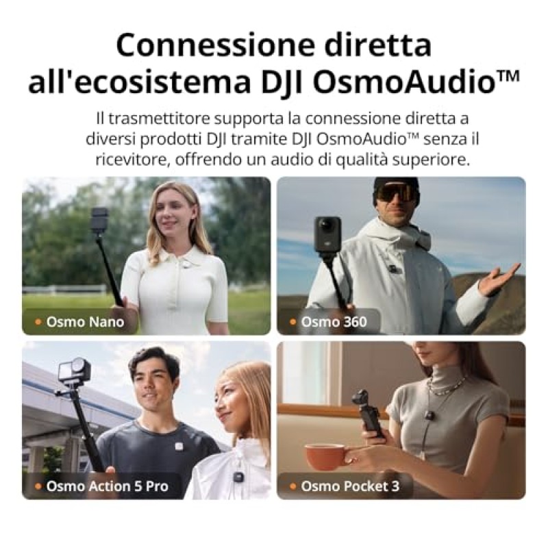 DJI Mic Mini (2 TX + 1 RX + Custodia di ricarica), microfono wireless, leggero, audio di alta qualità, 48 ore di utilizzo, cancellazione rumore, microfono senza fili per fotocamere/iPhone/Android,vlog