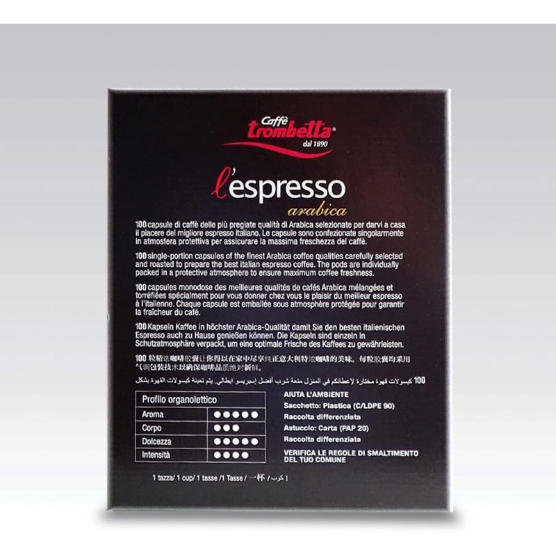 CAFFÉ TROMBETTA DAL 1890 Nespresso, Arabica 100 Capsule (Confezione da 2) - 100 unità (Confezione da 2)