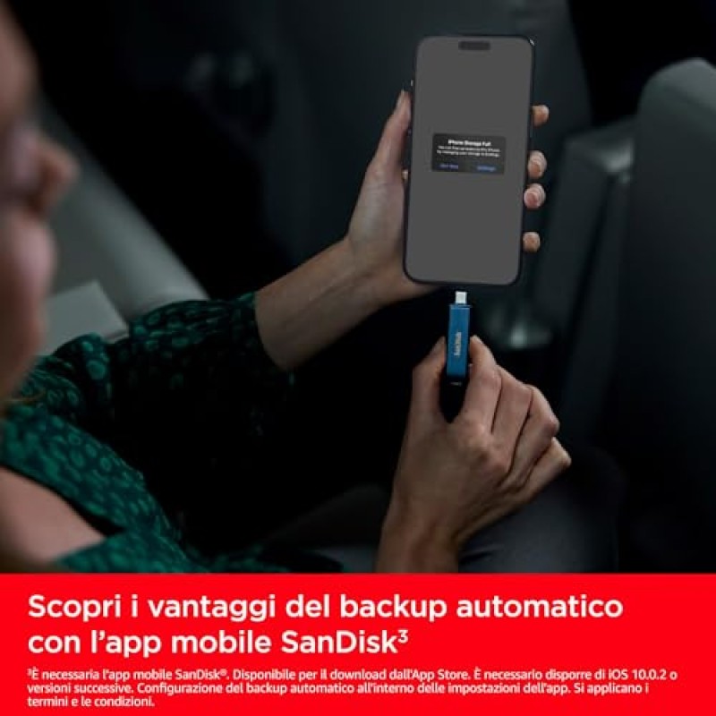 SanDisk 128GB Phone Drive chiavetta USB per iPhone/iPad, PC e Mac (2-in-1 archiviazione iPhone, con connettori Lightning e USB-C Backup Automatico, Protezione Tramite Password) Metallic Sky - 128 GB Phone Metallic Sky