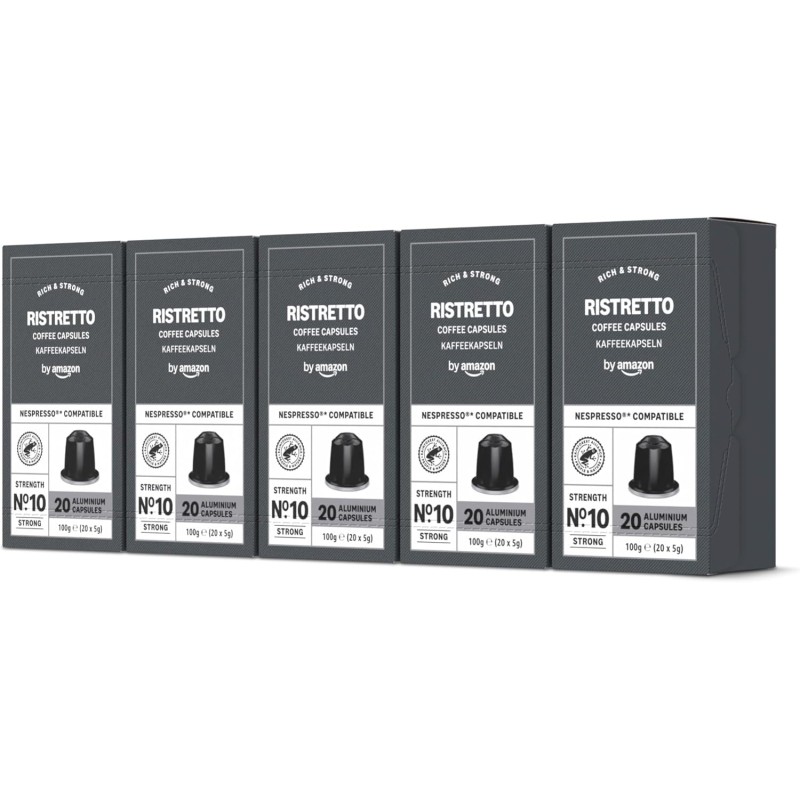 by Amazon Capsule Caffè Ristretto Compatibili con Nespresso, tostatura media, capsule in alluminio, 100 unità, 5 confezioni da 20 - Certificato Rainforest Alliance (Confezione da 2) - 20 unità (Confezione da 10) by Amazon Capsule Caffè Ristretto Compatibili con Nespresso, tostatura media, capsule in alluminio, 100 unità, 5 confezioni da 20 - Certificato Rainforest Alliance (Confezione da 2) - 20 unità (Confezione da 10)