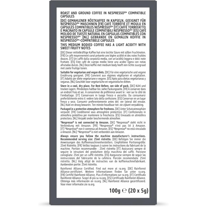 by Amazon Capsule Caffè Ristretto Compatibili con Nespresso, tostatura media, capsule in alluminio, 100 unità, 5 confezioni da 20 - Certificato Rainforest Alliance (Confezione da 2) - 20 unità (Confezione da 10) by Amazon Capsule Caffè Ristretto Compatibili con Nespresso, tostatura media, capsule in alluminio, 100 unità, 5 confezioni da 20 - Certificato Rainforest Alliance (Confezione da 2) - 20 unità (Confezione da 10)