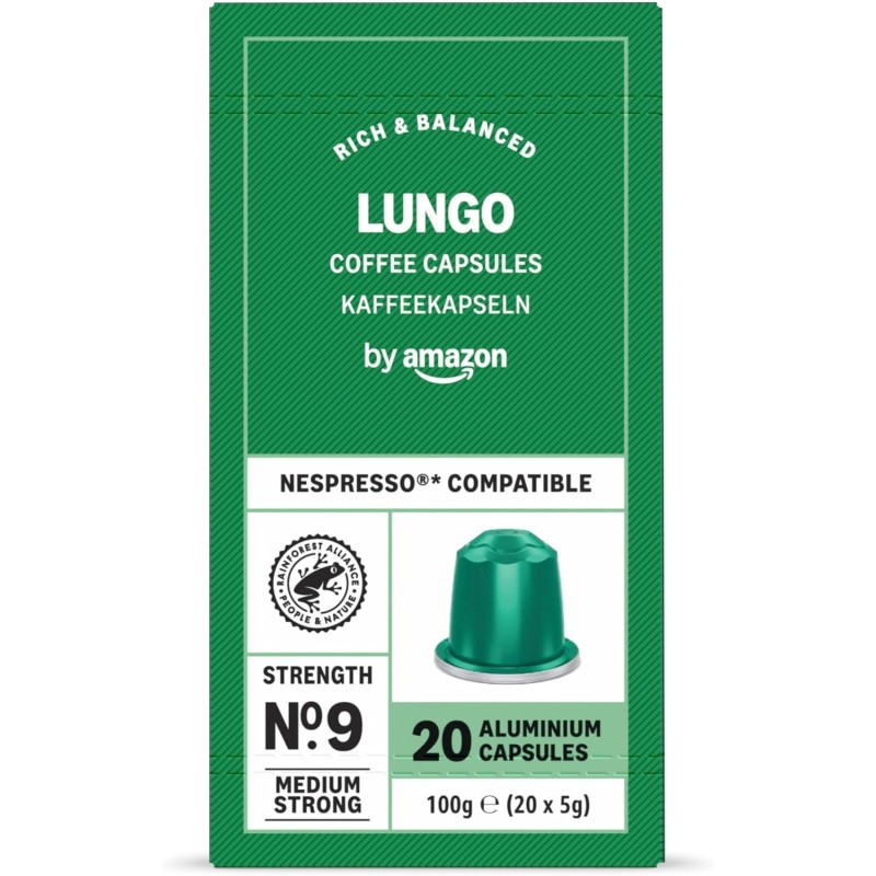 by Amazon Capsule Caffè Lungo compatibili con Nespresso, tostatura media, 100 unità, 5 confezioni da 20 - Certificato Rainforest Alliance (Confezione da 2) - 20 unità (Confezione da 10)