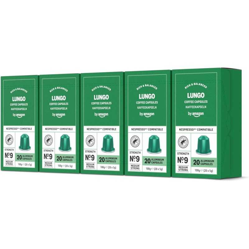 by Amazon Capsule Caffè Lungo compatibili con Nespresso, tostatura media, 100 unità, 5 confezioni da 20 - Certificato Rainforest Alliance (Confezione da 2) - 20 unità (Confezione da 10)