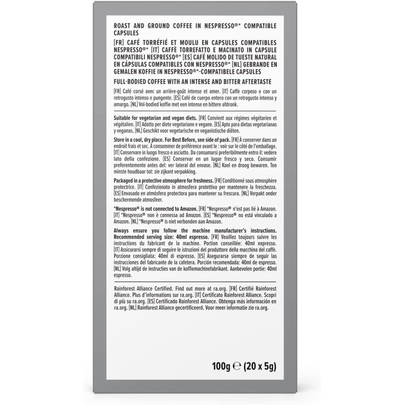 by Amazon Capsule caffè intenso compatibili con Nespresso, tostatura intensa, capsule in alluminio, 100 unità, 5 confezioni da 20 - Certificato Rainforest Alliance (Confezione da 2) - 20 unità (Confezione da 10) by Amazon Capsule caffè intenso compatibili con Nespresso, tostatura intensa, capsule in alluminio, 100 unità, 5 confezioni da 20 - Certificato Rainforest Alliance (Confezione da 2) - 20 unità (Confezione da 10)