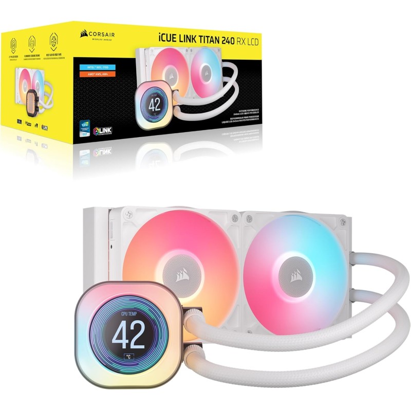 CORSAIR iCUE LINK TITAN 240 RX LCD Raffreddatore CPU a Liquido – Motore di Raffreddamento FlowDrive – Intel LGA 1851/1700, AMD AM5/AM4 – 2x RX120 Ventole RGB – iCUE LINK System Hub Incluso – Bianco - 240mm AIO Bianco