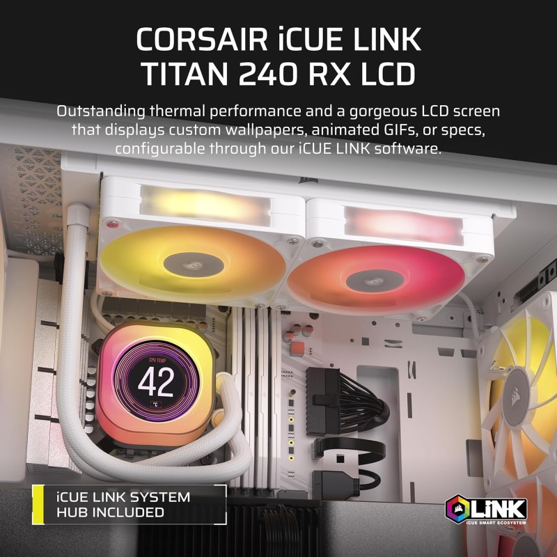 CORSAIR iCUE LINK TITAN 240 RX LCD Raffreddatore CPU a Liquido – Motore di Raffreddamento FlowDrive – Intel LGA 1851/1700, AMD AM5/AM4 – 2x RX120 Ventole RGB – iCUE LINK System Hub Incluso – Bianco - 240mm AIO Bianco