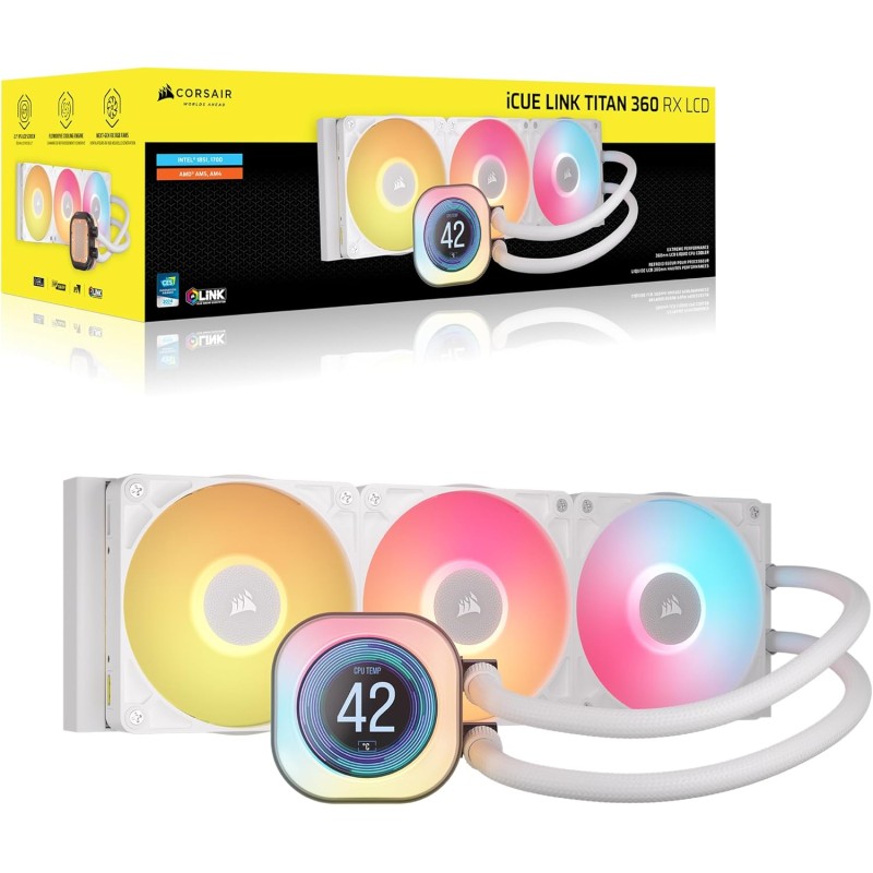 CORSAIR iCUE LINK TITAN 360 RX LCD Raffreddatore CPU a Liquido – Motore di Raffreddamento FlowDrive – Intel LGA 1851/1700, AMD AM5/AM4 – 3x RX120 Ventole RGB – iCUE LINK System Hub Incluso – Bianco - 360mm AIO Bianco