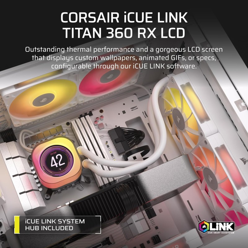 CORSAIR iCUE LINK TITAN 360 RX LCD Raffreddatore CPU a Liquido – Motore di Raffreddamento FlowDrive – Intel LGA 1851/1700, AMD AM5/AM4 – 3x RX120 Ventole RGB – iCUE LINK System Hub Incluso – Bianco - 360mm AIO Bianco