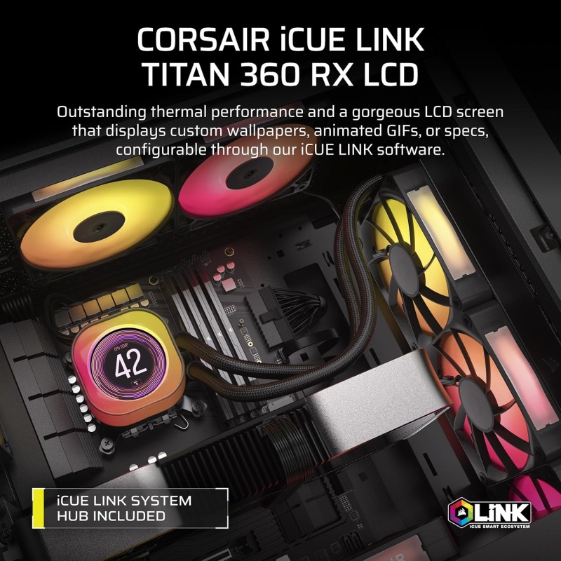 CORSAIR iCUE LINK TITAN 360 RX LCD Raffreddatore CPU a Liquido – Motore di Raffreddamento FlowDrive – Intel LGA 1851/1700, AMD AM5/AM4 – 3x RX120 Ventole RGB – iCUE LINK System Hub Incluso – Nero - 360mm AIO Nero