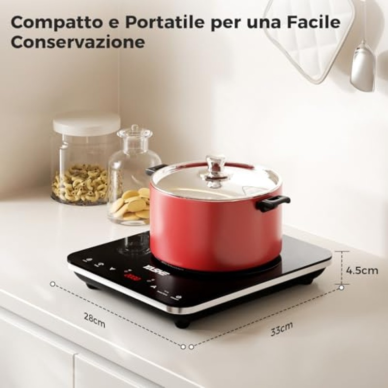 YASHE Piastra a induzione portatile singola 2000W, 10 livelli di potenza e temperatura, timer integrato, blocco di sicurezza, facile da pulire - 1 Fuochi Induzione