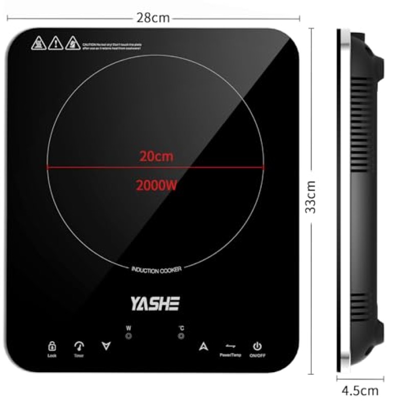 YASHE Piastra a induzione portatile singola 2000W, 10 livelli di potenza e temperatura, timer integrato, blocco di sicurezza, facile da pulire - 1 Fuochi Induzione