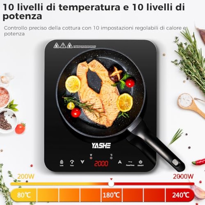 YASHE Piastra a induzione portatile singola 2000W, 10 livelli di potenza e temperatura, timer integrato, blocco di sicurezza, facile da pulire - 1 Fuochi Induzione