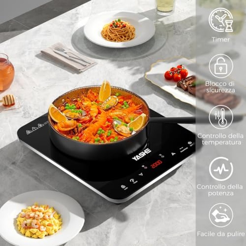 YASHE Piastra a induzione portatile singola 2000W, 10 livelli di potenza e temperatura, timer integrato, blocco di sicurezza, facile da pulire - 1 Fuochi Induzione