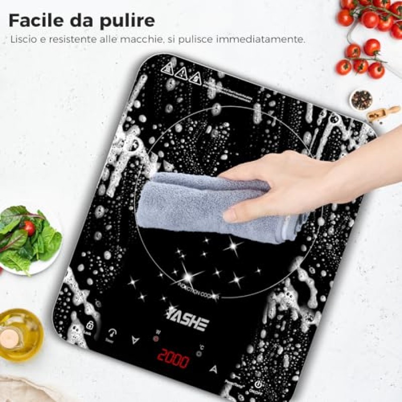 YASHE Piastra a induzione portatile singola 2000W, 10 livelli di potenza e temperatura, timer integrato, blocco di sicurezza, facile da pulire - 1 Fuochi Induzione