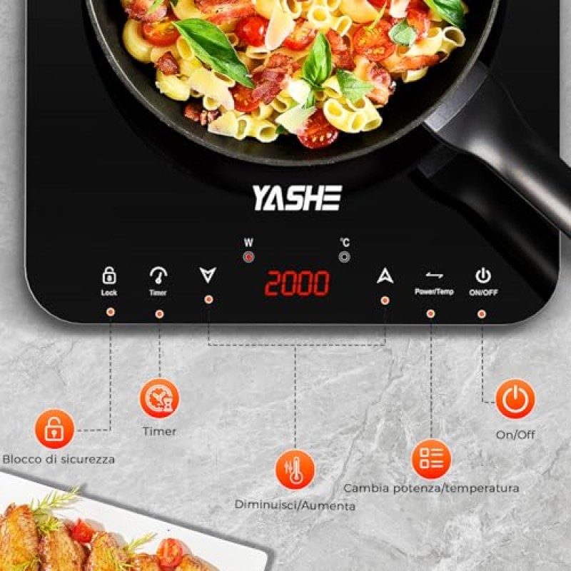 YASHE Piastra a induzione portatile singola 2000W, 10 livelli di potenza e temperatura, timer integrato, blocco di sicurezza, facile da pulire - 1 Fuochi Induzione